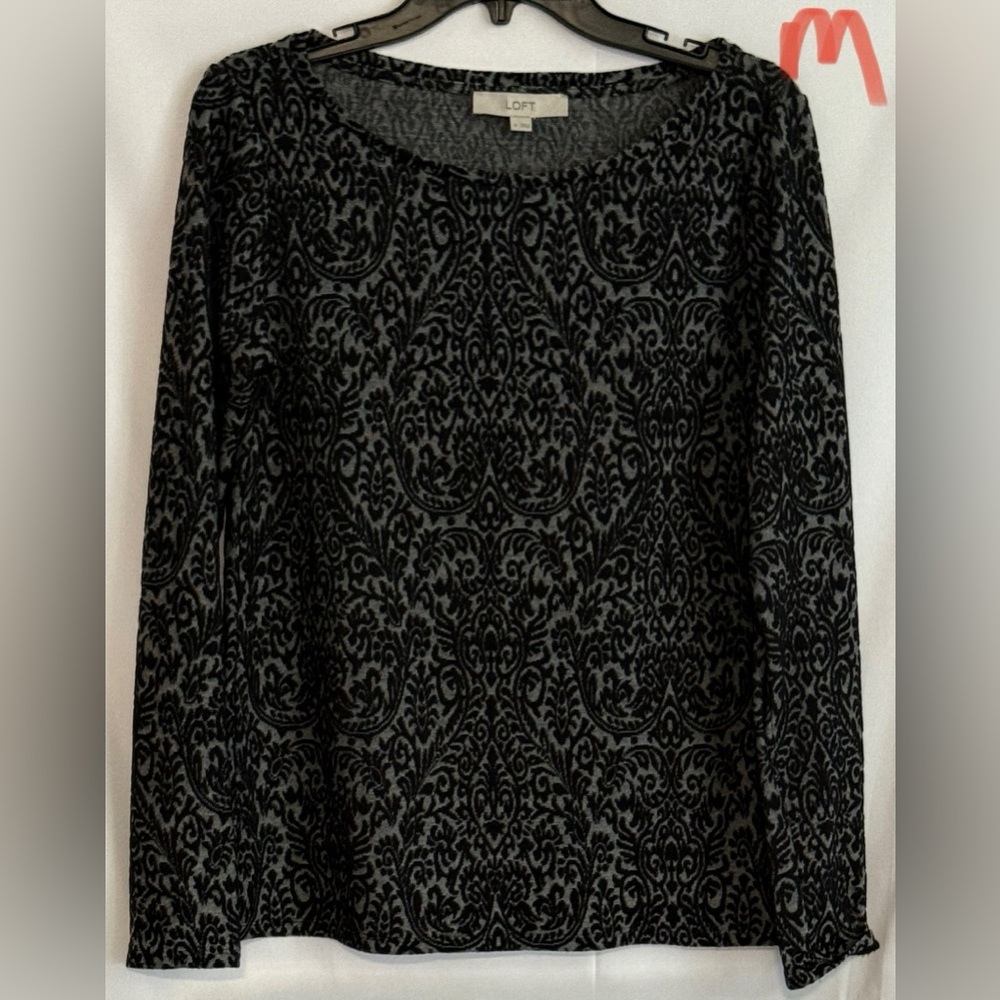 LOFT Black and Gray Damask Long Sleeve Top
